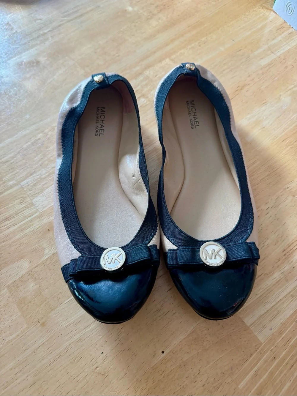 Michael Kors Black and Beige Patent Toe Ballet Flats
